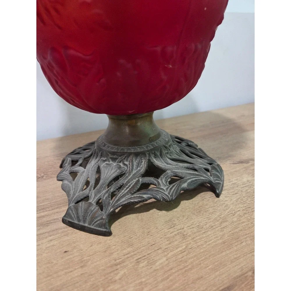 Antique Red Satin Quilted Glass Aladdin Style Oil Lamp Brass Base 20''